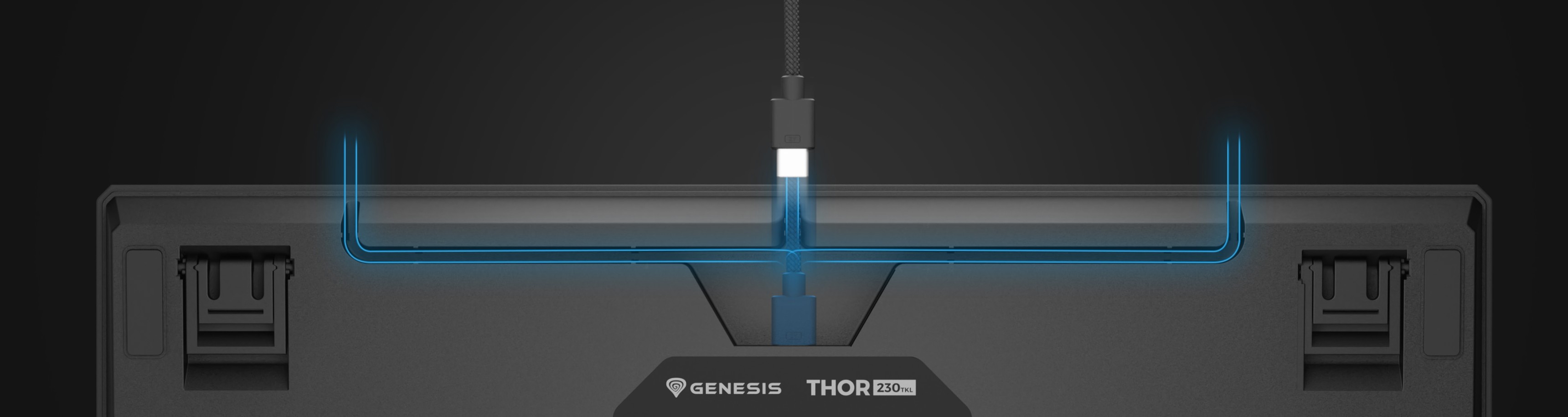 Άνω όψη του μηχανικού πληκτρολογίου Genesis Thor 230 TKL Lite, με υποδοχή USB-C και προσαρμόσιμο φωτισμό RGB