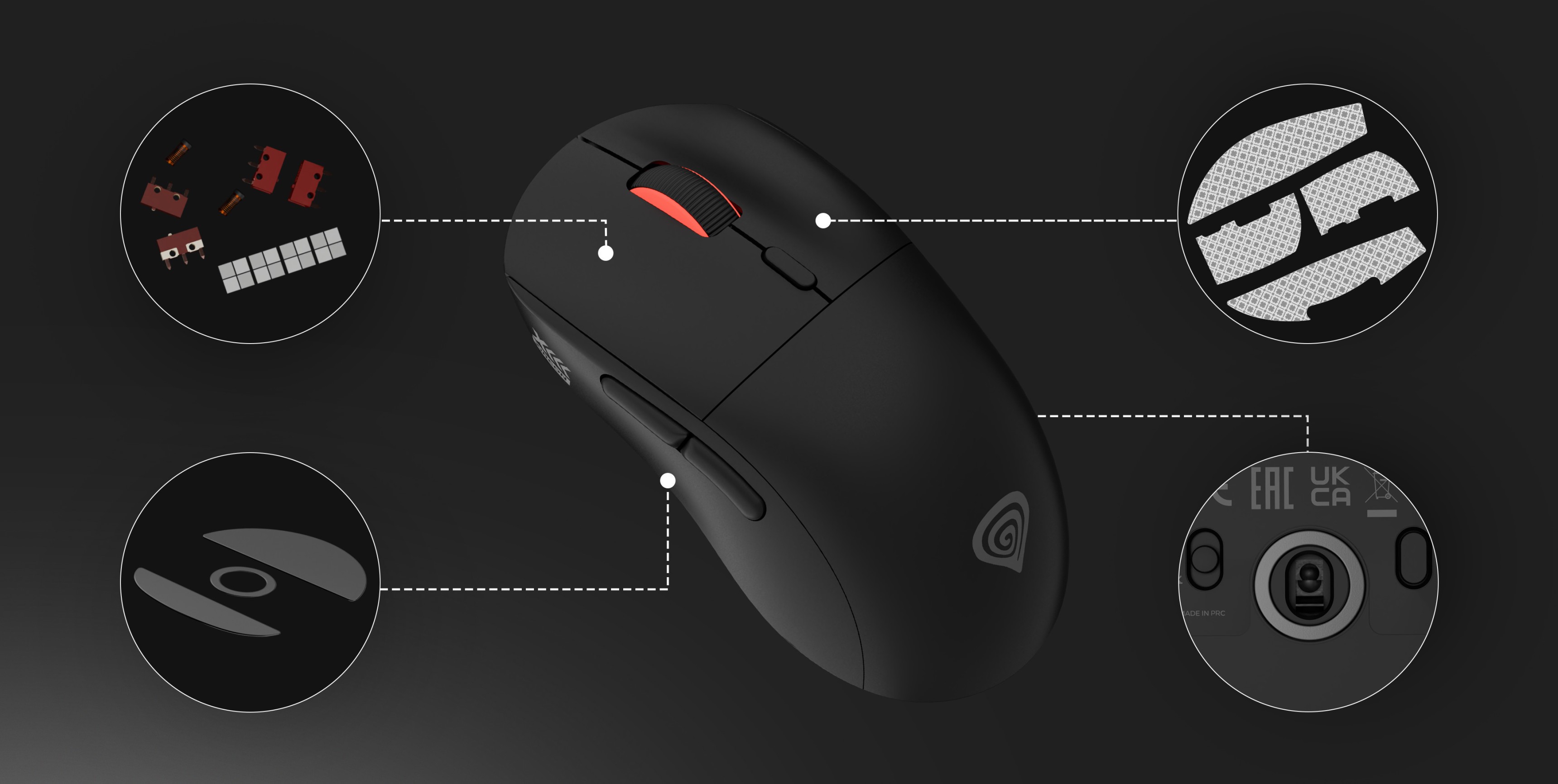 Ασύρματο ποντίκι gaming Genesis Zircon XIII σε μαύρο χρώμα, με χαρακτηριστικά όπως προσαρμόσιμα κουμπιά και υψηλή ευαισθησία DPI