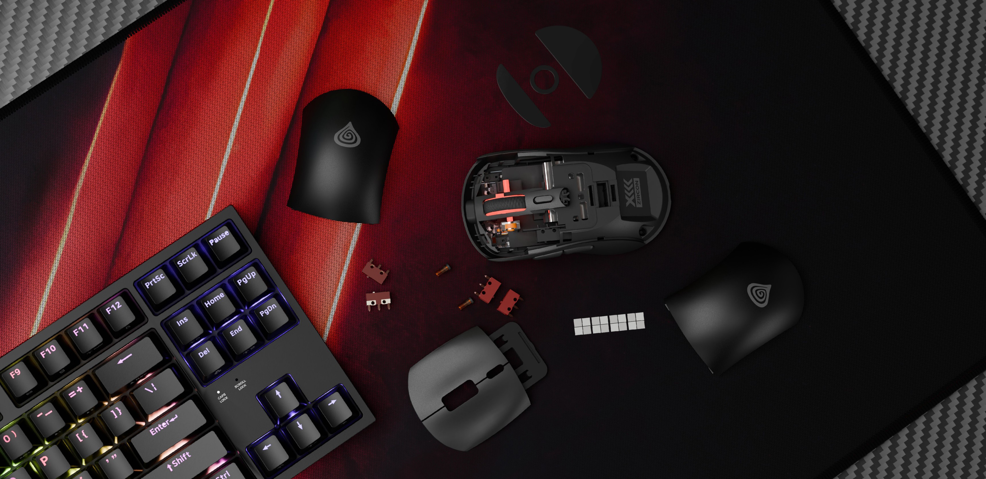 Ασύρματο ποντίκι gaming Genesis Zircon XIII σε μαύρο χρώμα, με αφαιρούμενα καλύμματα και εξαρτήματα σε ένα μαξιλάρι ποντικιού με υφή μαζί με ένα πληκτρολόγιο