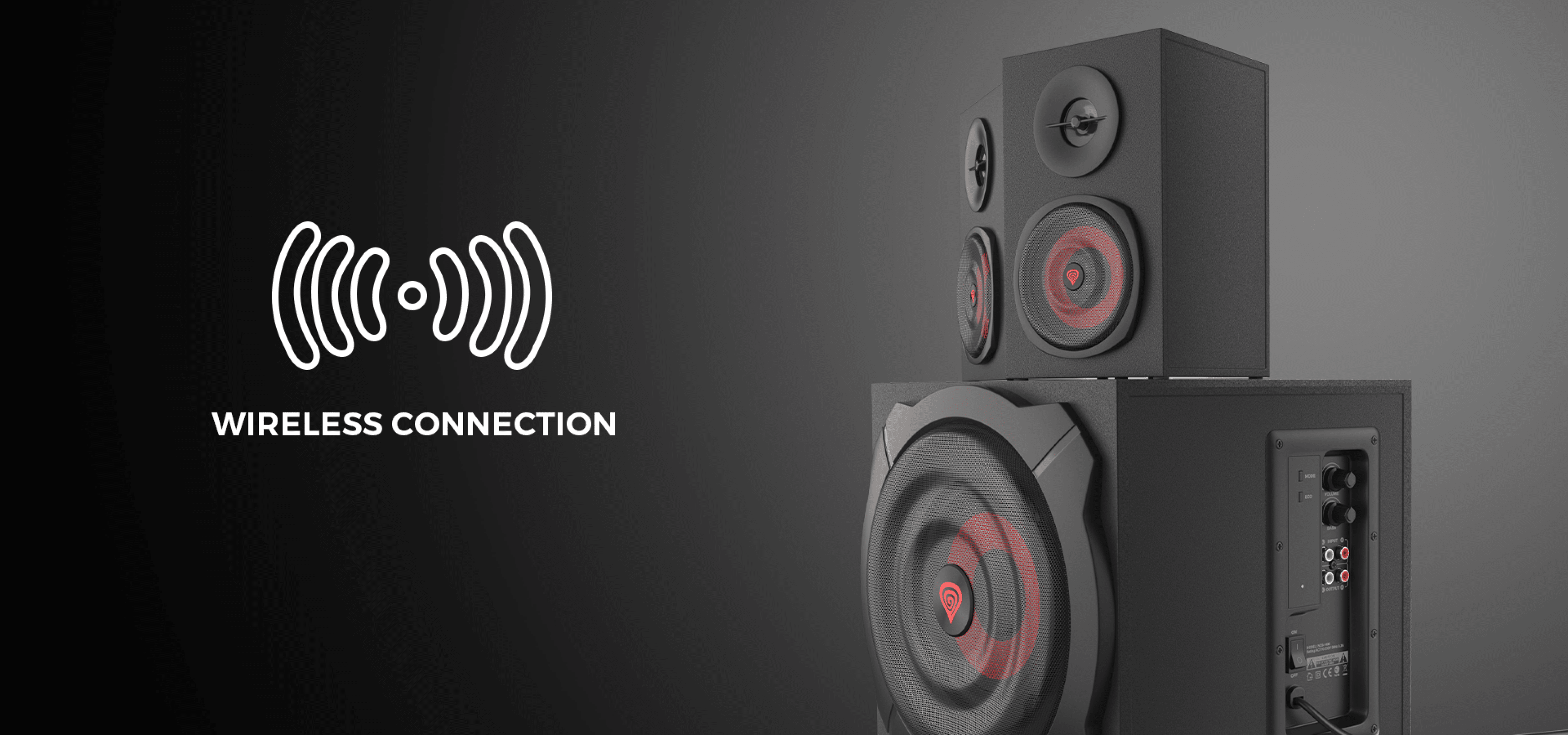 Δύο μαύρα ηχεία Genesis Helium 610BT 2.1 με subwoofer, με σύμβολο ασύρματης σύνδεσης και τηλεχειριστήριο σε καλώδιο