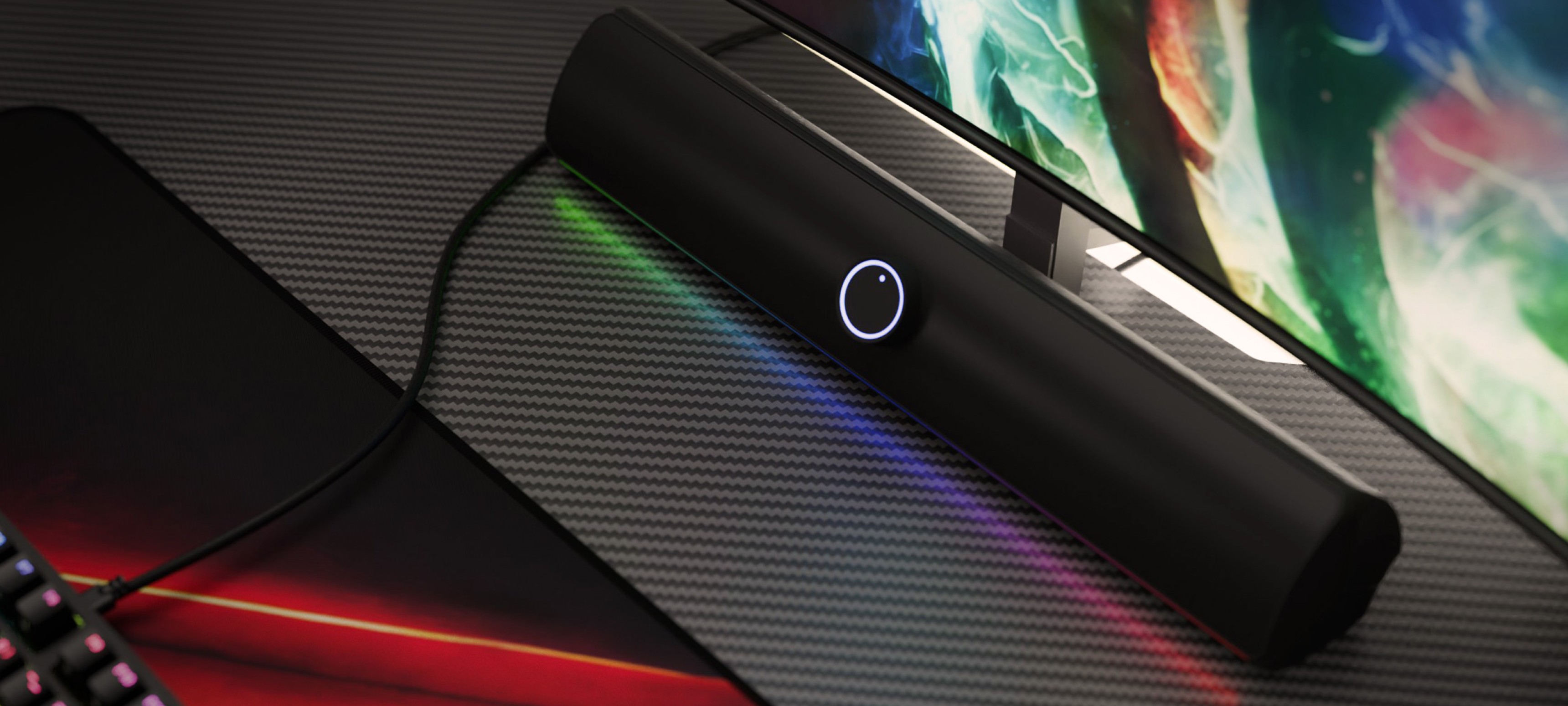 Ηχομπάρα Bluetooth με κομψό μαύρο σχεδιασμό, με φωτιζόμενο κουμπί ελέγχου και πολύχρωμες πινελιές LED