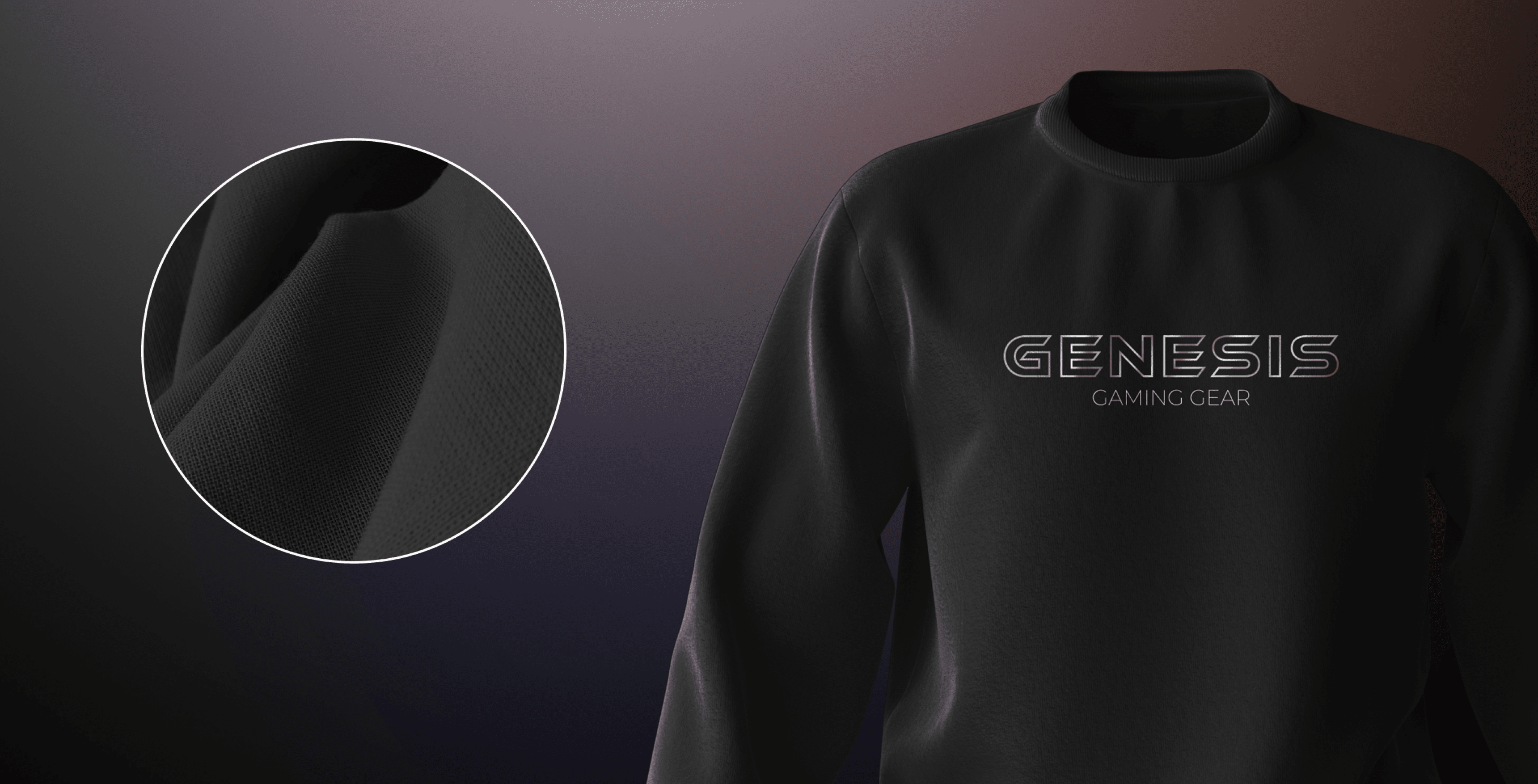 Μαύρη μπλούζα gaming με το λογότυπο "GENESIS GAMING GEAR", τονισμένες λεπτομέρειες στην υφή του υφάσματος.
