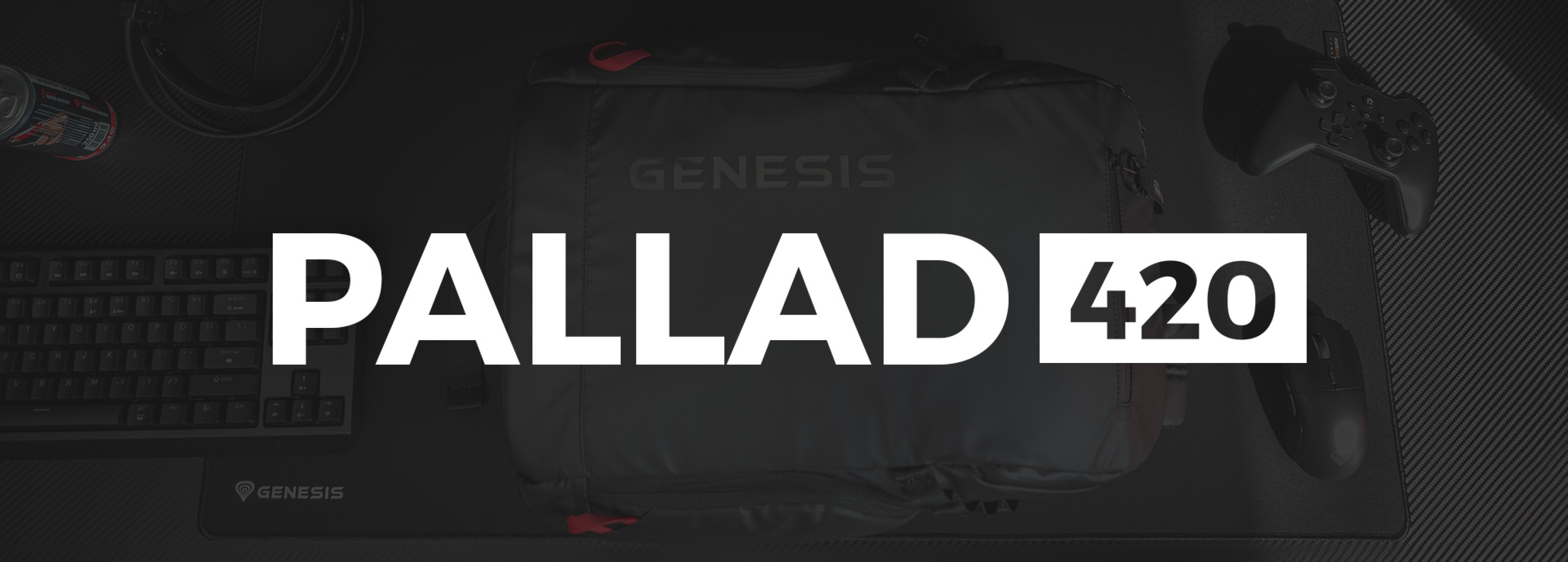 Μαύρο σακίδιο πλάτης φορητού υπολογιστή Genesis Pallad 420, σχεδιασμένο για φορητούς υπολογιστές 15,6", με χωρητικότητα 18L, τοποθετημένο σε γραφείο παιχνιδιών