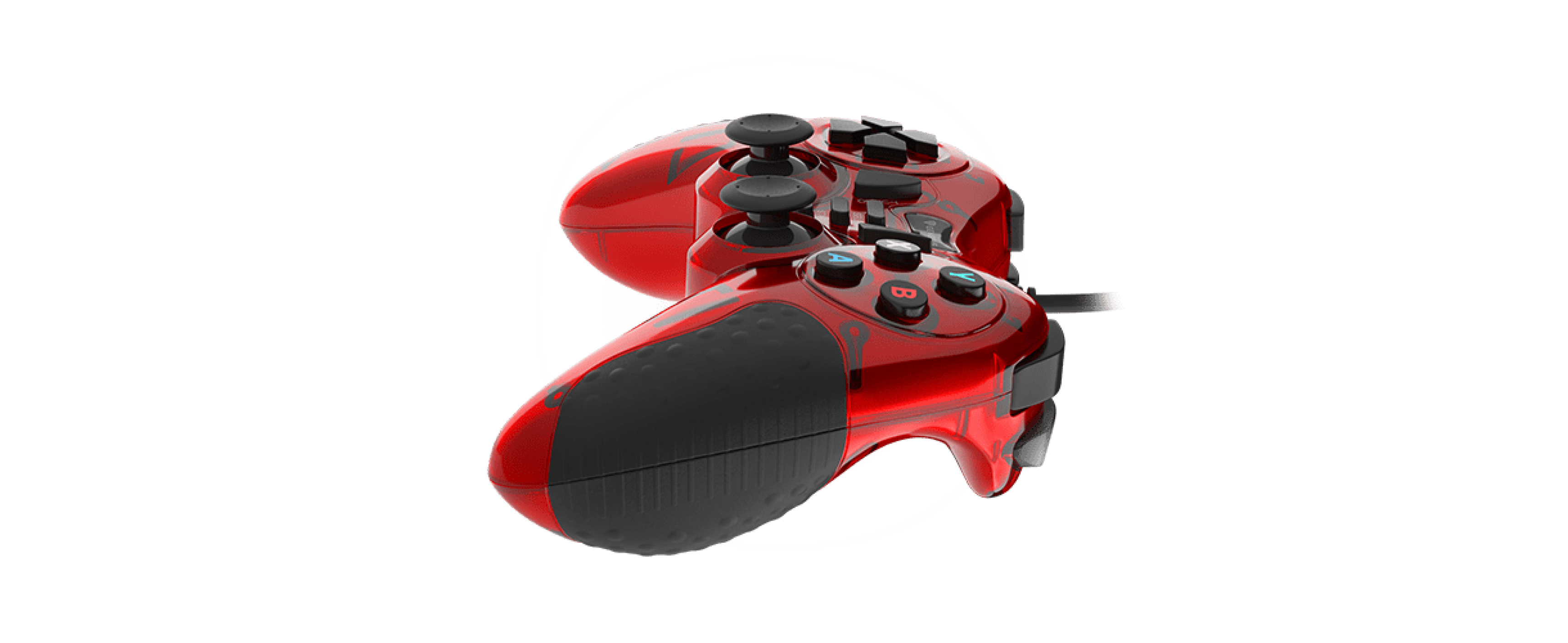 Κόκκινο ενσύρματο gamepad για PC με πολλαπλά κουμπιά και εργονομικές λαβές, σχεδιασμένο για άνεση και έλεγχο παιχνιδιών