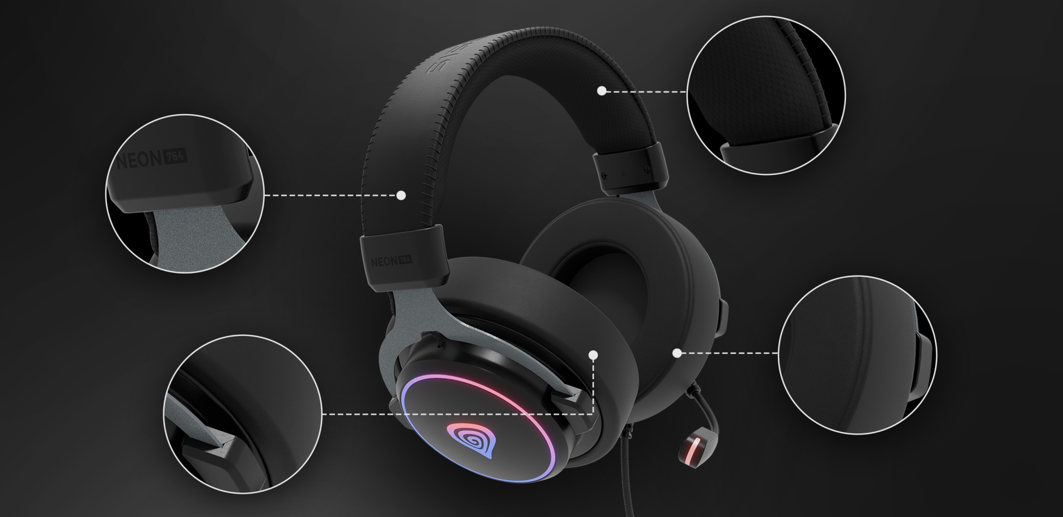 Μαύρα ενσύρματα ακουστικά Genesis Neon 764 RGB με ρυθμιζόμενες θήκες αυτιών, μικρόφωνο και φωτιζόμενες πινελιές