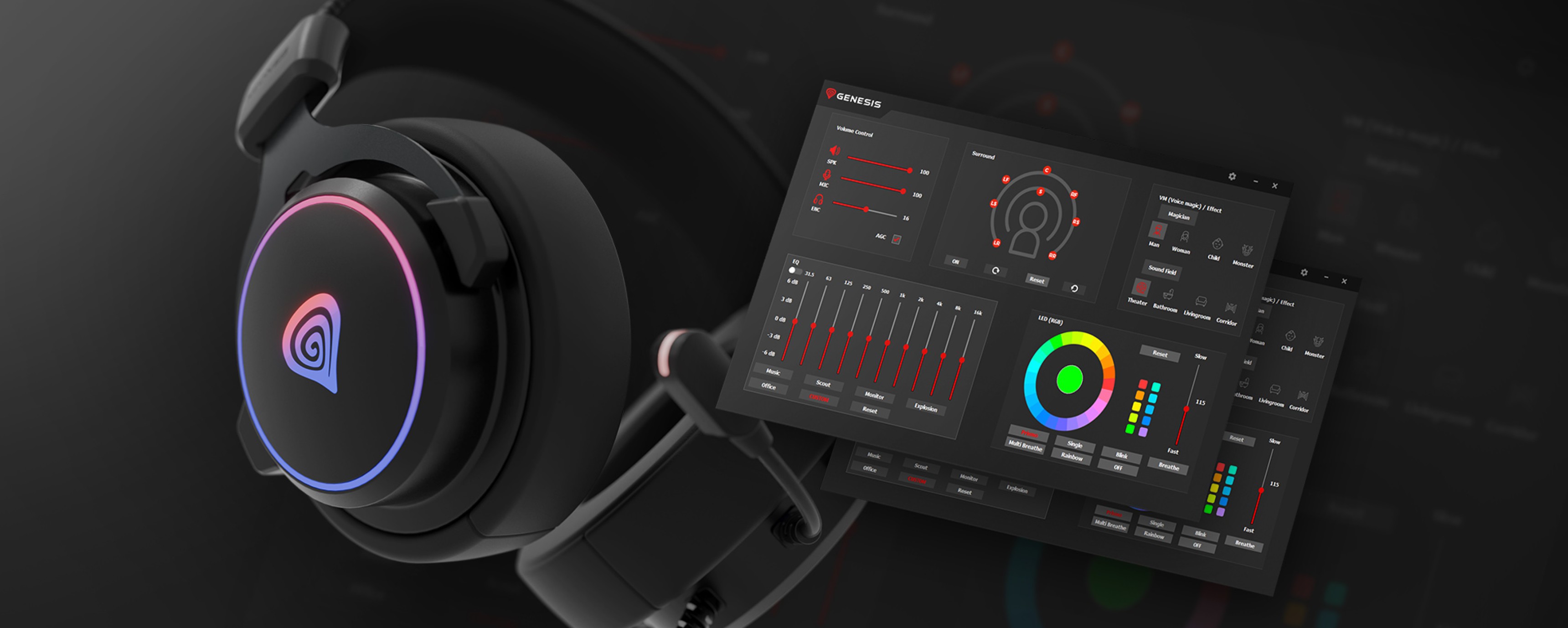 Μαύρα ακουστικά Genesis Neon 764 RGB over-ear με μικρόφωνο, με προσαρμόσιμο φωτισμό RGB και συνοδευτική διεπαφή λογισμικού