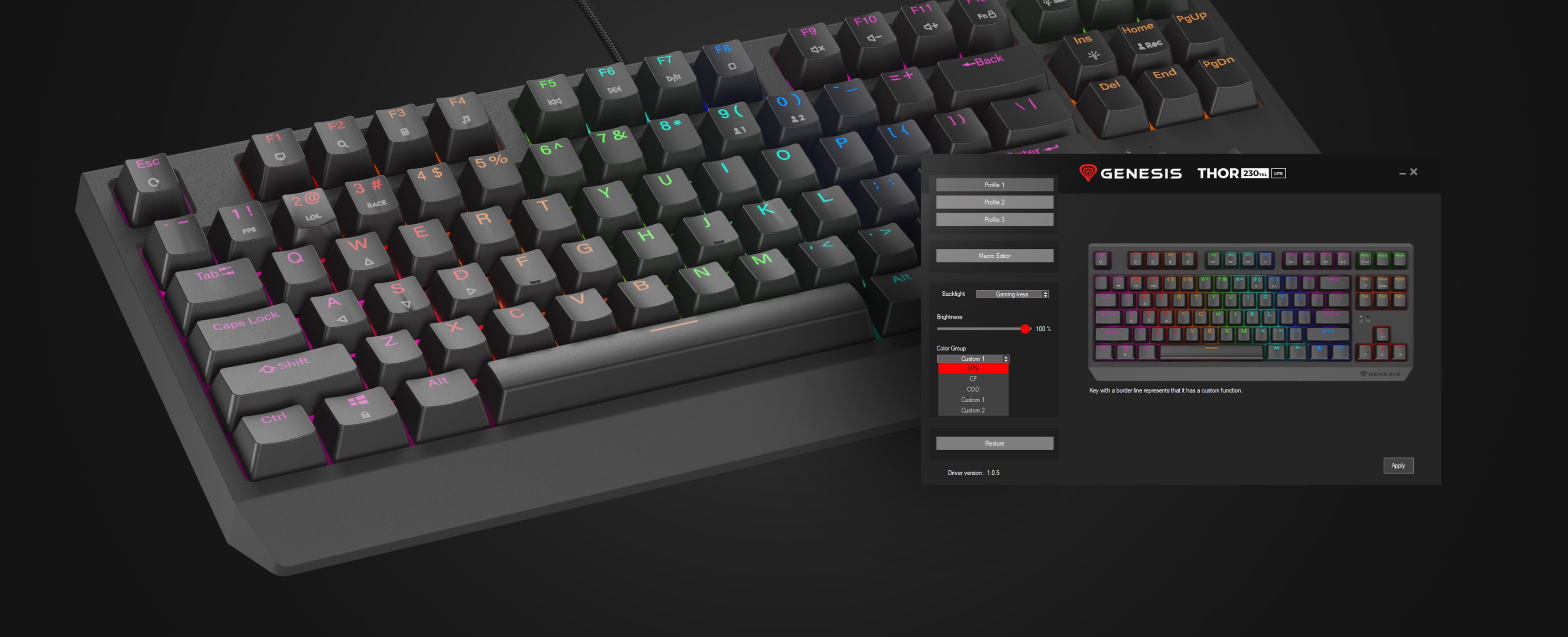 Μηχανικό πληκτρολόγιο gaming Genesis Thor 230 TKL Lite με προσαρμόσιμο φωτισμό RGB και εμφανιζόμενη διεπαφή λογισμικού