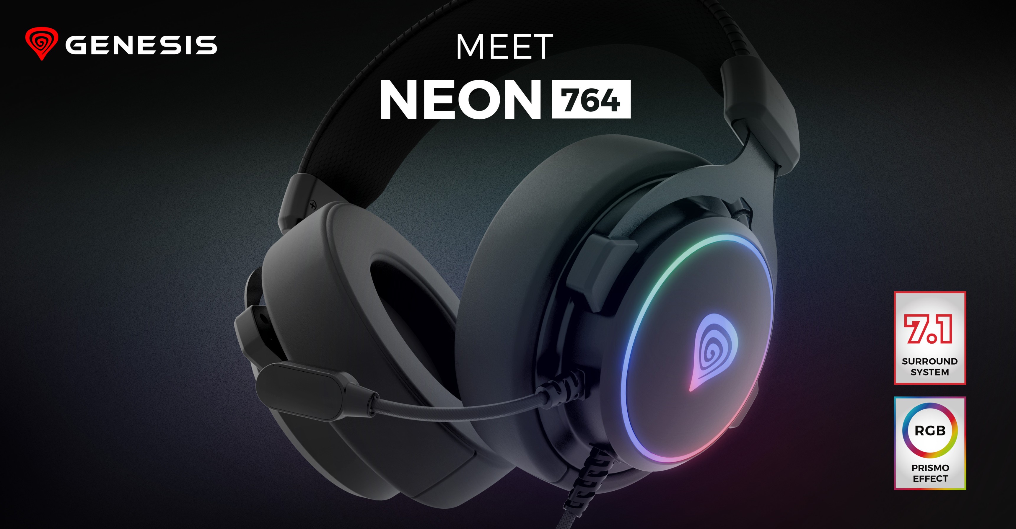 Μαύρα ακουστικά Genesis Neon 764 RGB με μικρόφωνο, με πολύχρωμο φωτισμό και κομψό σχεδιασμό