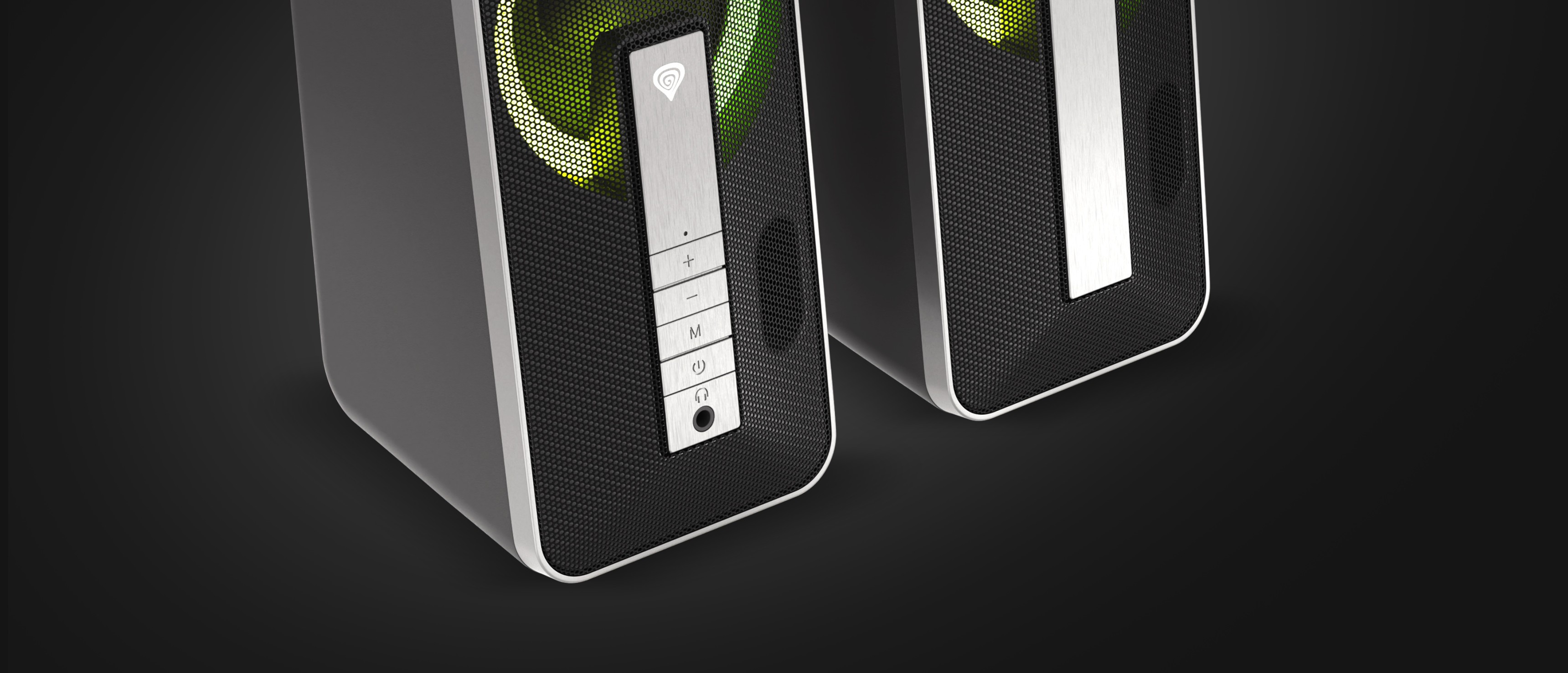 Μαύρα ηχεία Bluetooth με φωτισμό RGB και κουμπιά ελέγχου στο μπροστινό μέρος, με μοντέρνο σχεδιασμό